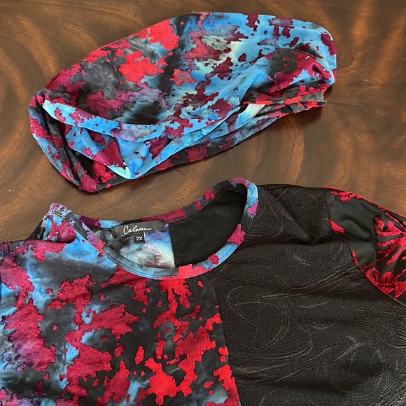 Calessa Patchwork Tie Dye Burnout Knit Cowl Neck 3/4 Sleeve Asymmetrical Tunic. - Picture 11 of 12